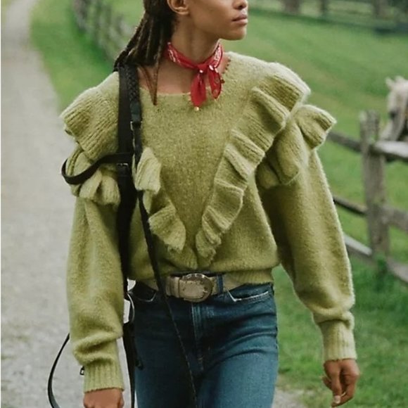 NWT Anthropologie Lost + Wander Viveka Ruffled Pullover Sweater Green S/M Top - Picture 1 of 7